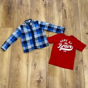 Blue Plaid Fleece Jacket and Red Graphic Tee Set